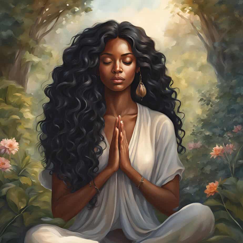 beautiful black woman meditating and manifesting money